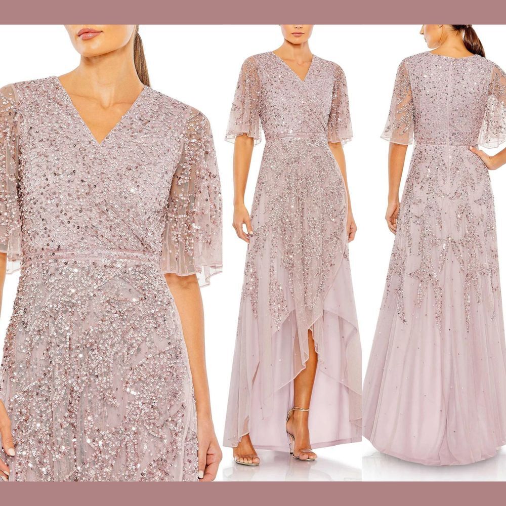 NWT $498 Mac Duggal [ 14 ] Sequined Butterfly Sleeve High Low Gown Lilac‎ #G1932